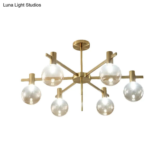 Post-Modern Led Chandelier With Clear Glass And Brass Finish - 6-Bulb Hanging Lamp Kit