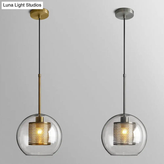 Modern Clear Glass Orb Pendant Light With Mesh Cage - 1 Head Hanging Ceiling Lighting