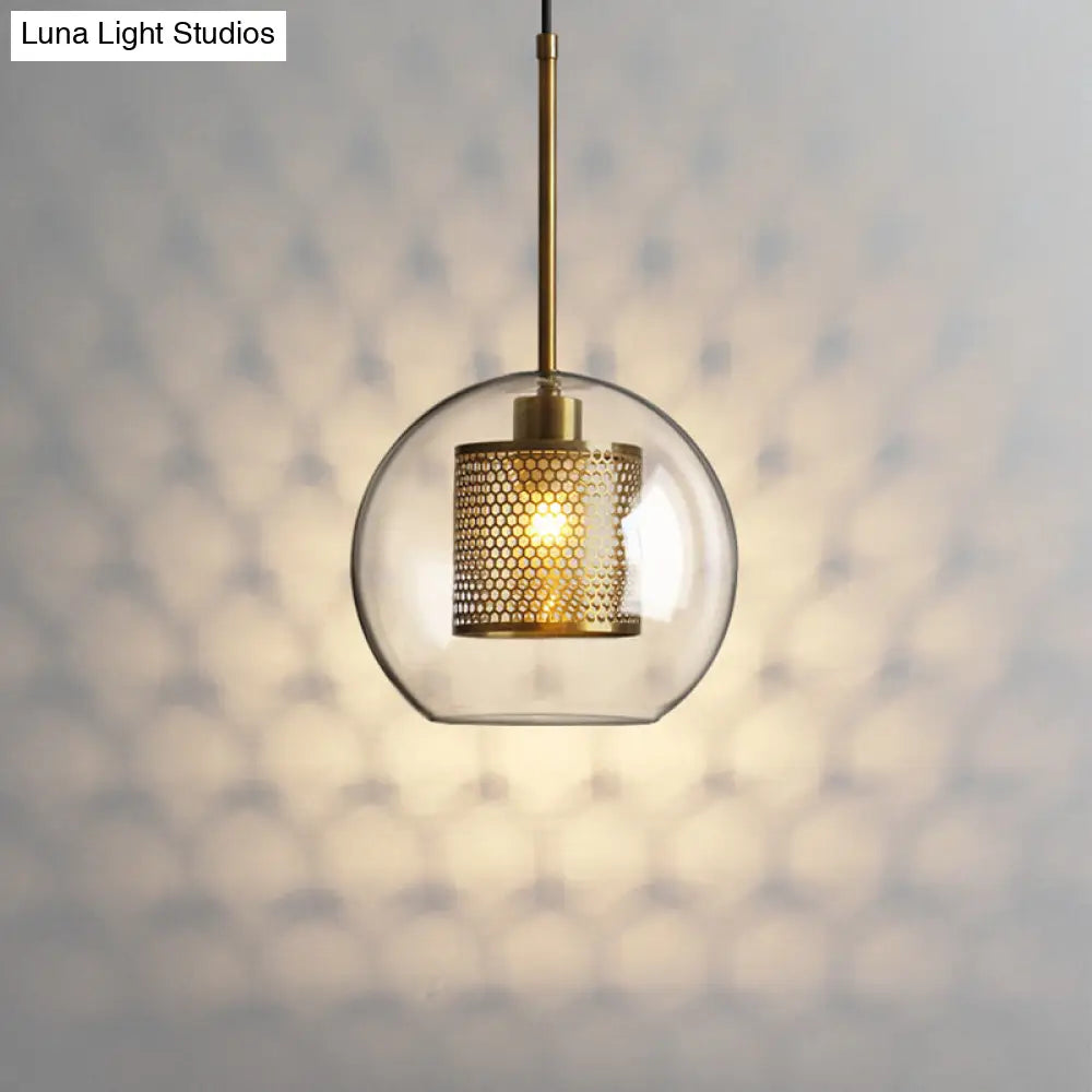Modern Clear Glass Orb Pendant Light With Mesh Cage - Stylish Ceiling Hanging Lamp