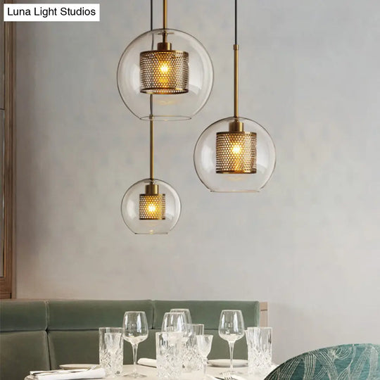 Modern Clear Glass Orb Pendant Light With Mesh Cage - 1 Head Hanging Ceiling Lighting Bronze / Small