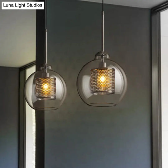 Modern Clear Glass Orb Pendant Light With Mesh Cage - 1 Head Hanging Ceiling Lighting Silver Gray /