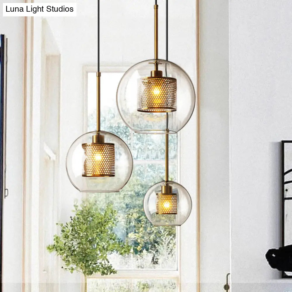 Modern Clear Glass Orb Pendant Light With Mesh Cage - 1 Head Hanging Ceiling Lighting