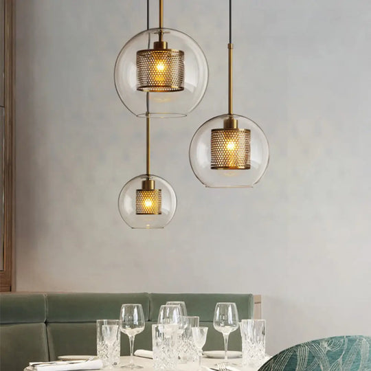Modern Clear Glass Orb Pendant Light With Mesh Cage - Stylish Ceiling Hanging Lamp Bronze / Small A
