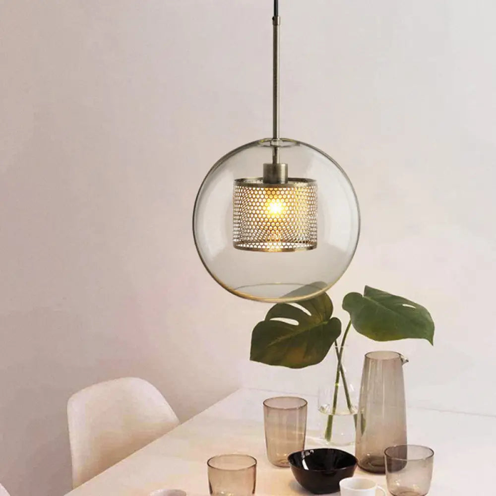 Modern Clear Glass Orb Pendant Light With Mesh Cage - Stylish Ceiling Hanging Lamp Silver Gray /