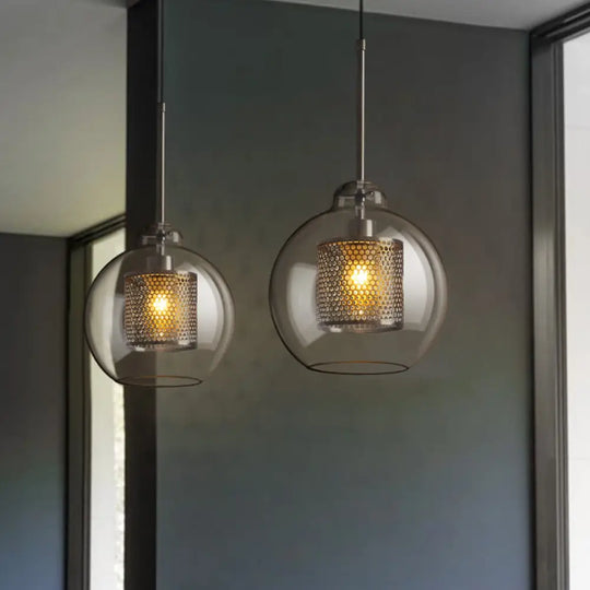 Modern Clear Glass Orb Pendant Light With Mesh Cage - Stylish Ceiling Hanging Lamp Silver Gray /