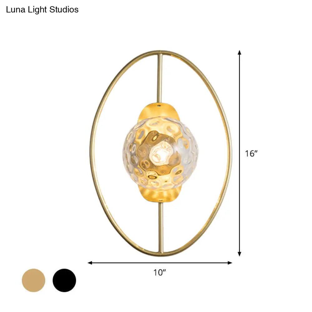 Modern Clear Glass Orb Sconce Lamp - 1-Bulb Black/Gold Wall Light With Ring Detail