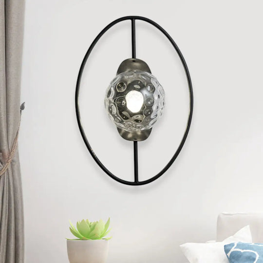 Modern Clear Glass Orb Sconce Lamp - 1-Bulb Black/Gold Wall Light With Ring Detail Black