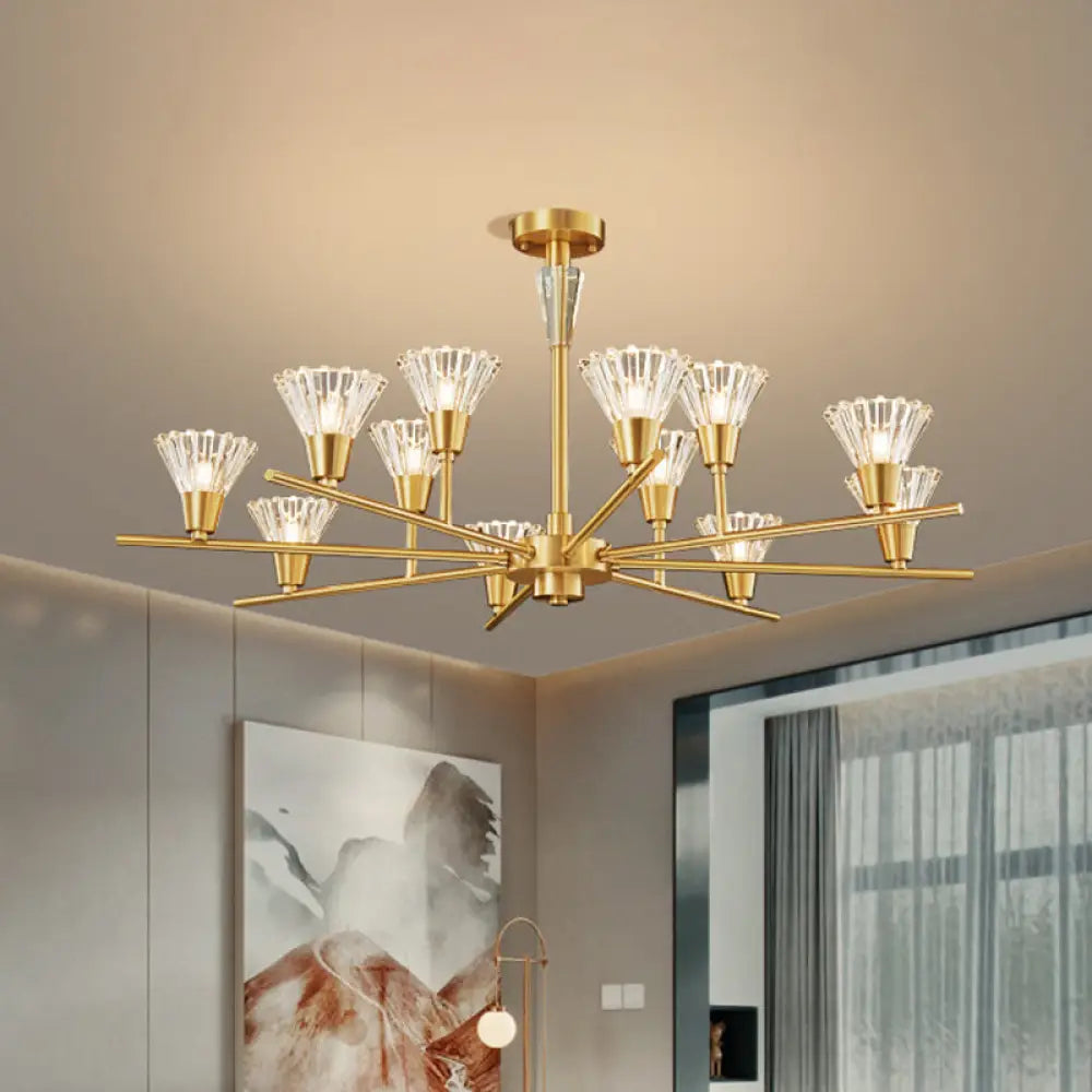 Modern Clear Glass Pendant Chandelier With Brass Flower-Like Design - 6/8/12 Heads For Living Room