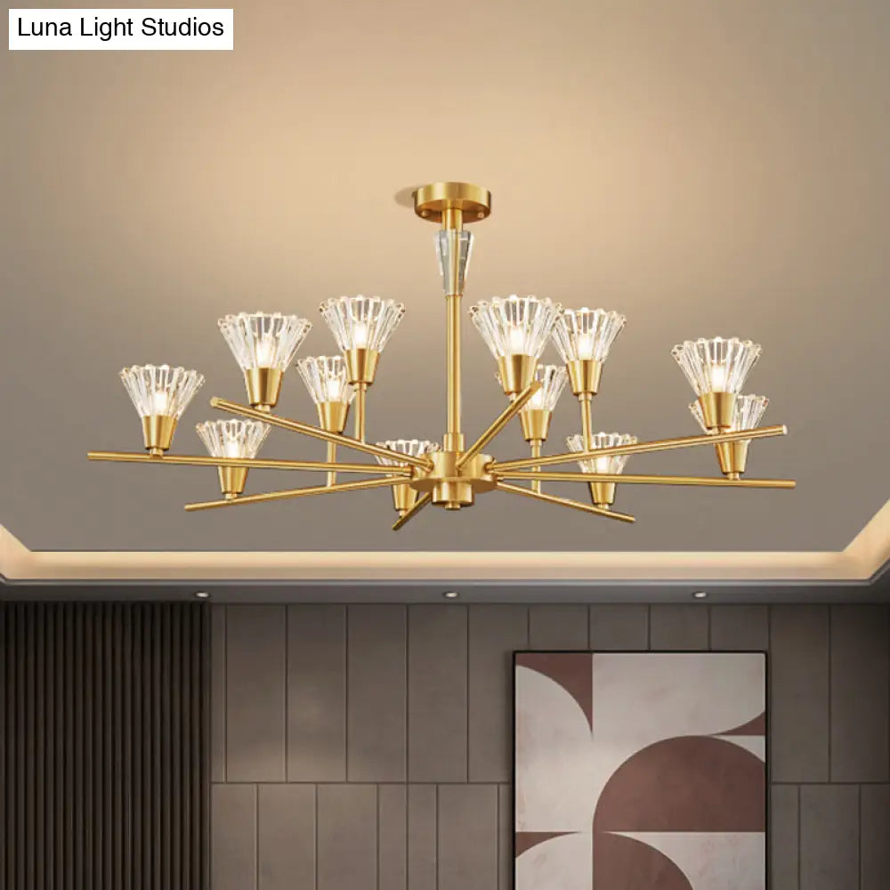 Modern Clear Glass Pendant Chandelier With Brass Flower-Like Design - 6/8/12 Heads For Living Room