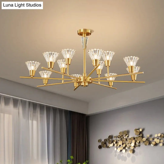 Modern Clear Glass Pendant Chandelier With Brass Flower-Like Design - 6/8/12 Heads For Living Room