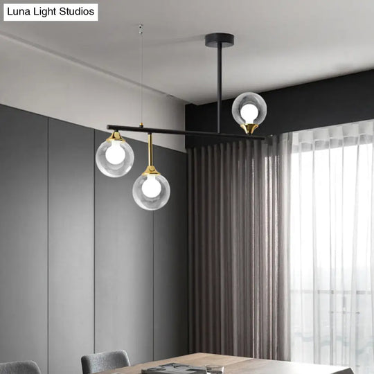 Modern Clear Glass Pendant Light Fixture: 3-Bulb Globe Island Lighting In Black For Dining Room