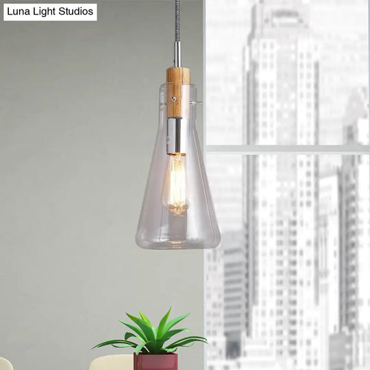 Modern Clear Glass Pendant Light In Polished Chrome - Ellipsoidal/Cone/Bottle Shape 1 Hanging