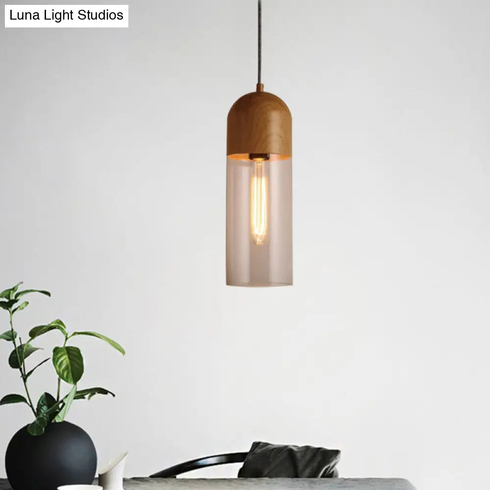 Modern Clear Glass Ceiling Light With Wood Pendant For Bedroom