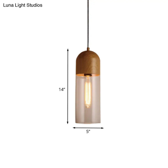 Modern Clear Glass Pendant Light: Sleek Half-Capsule Design Wood Fixture For Bedroom