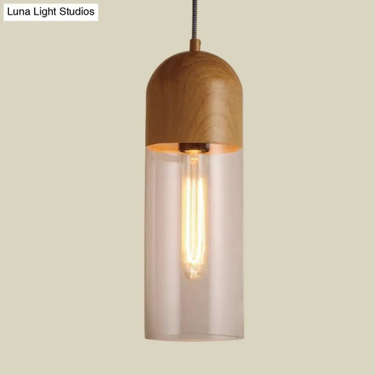 Modern Clear Glass Ceiling Light With Wood Pendant For Bedroom