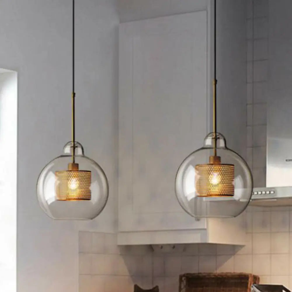 Modern Clear Glass Pendant Light With Brass Finish - Geometric Design & Mesh Inside / 10’ Gourd