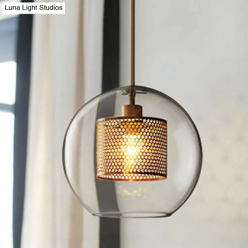 Postmodern Geometric Glass Ceiling Pendant With Brass Finish: Clear Mesh-Inside Hanging Light