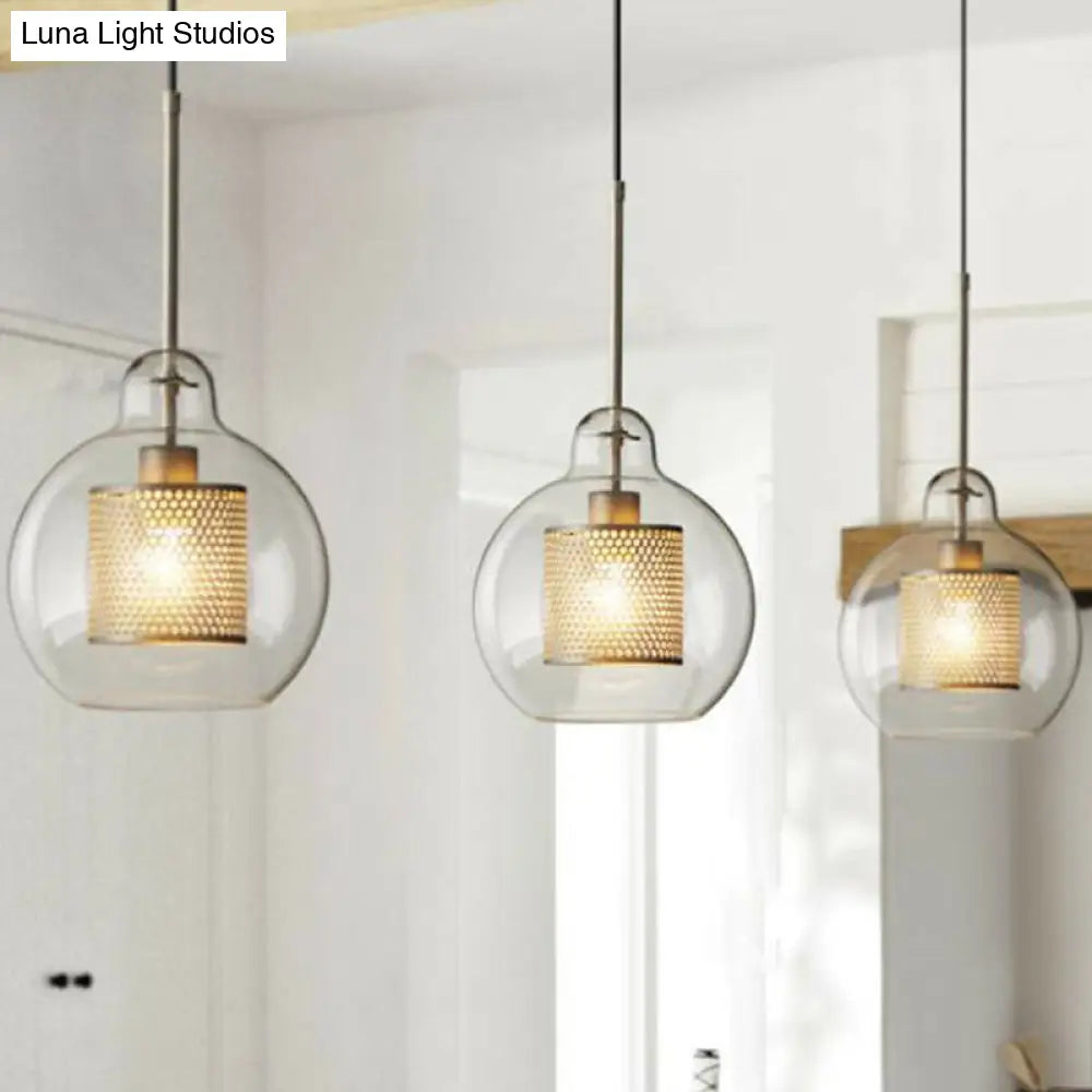 Postmodern Geometric Glass Ceiling Pendant With Brass Finish: Clear Mesh-Inside Hanging Light