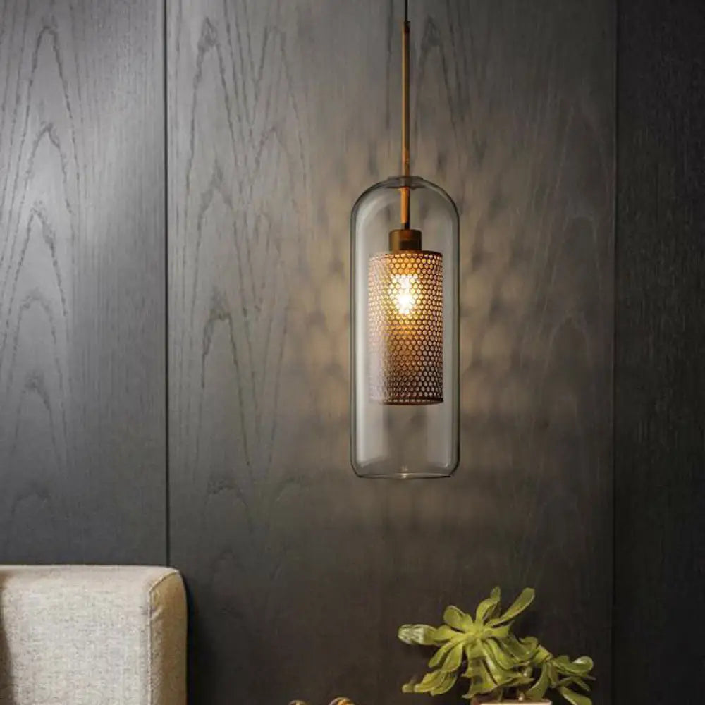 Modern Clear Glass Pendant Light With Brass Finish - Geometric Design & Mesh Inside / 5’ Oval