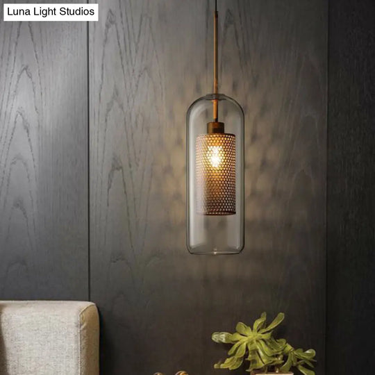 Postmodern Geometric Glass Ceiling Pendant With Brass Finish: Clear Mesh-Inside Hanging Light / 5
