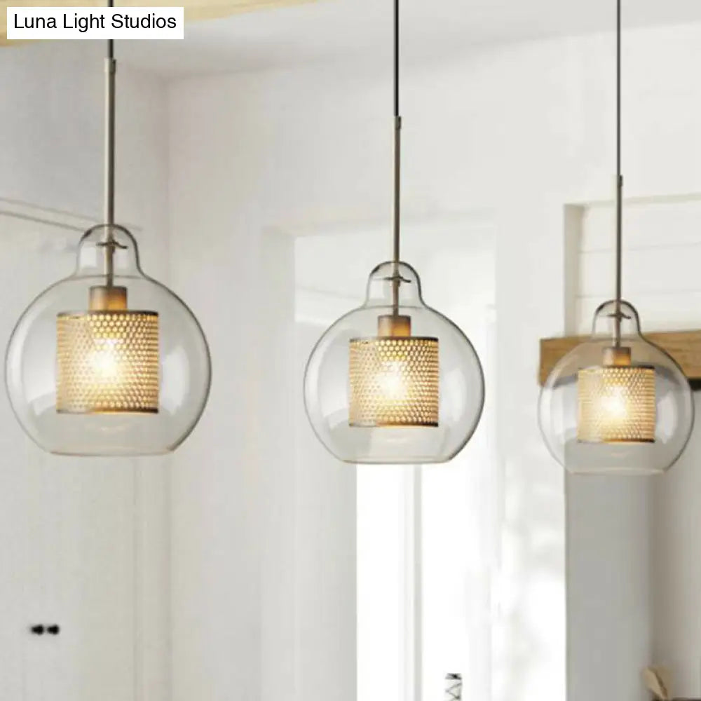 Modern Clear Glass Pendant Light With Brass Finish - Geometric Design & Mesh Inside