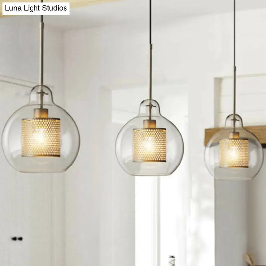 Modern Clear Glass Pendant Light With Brass Finish - Geometric Design & Mesh Inside