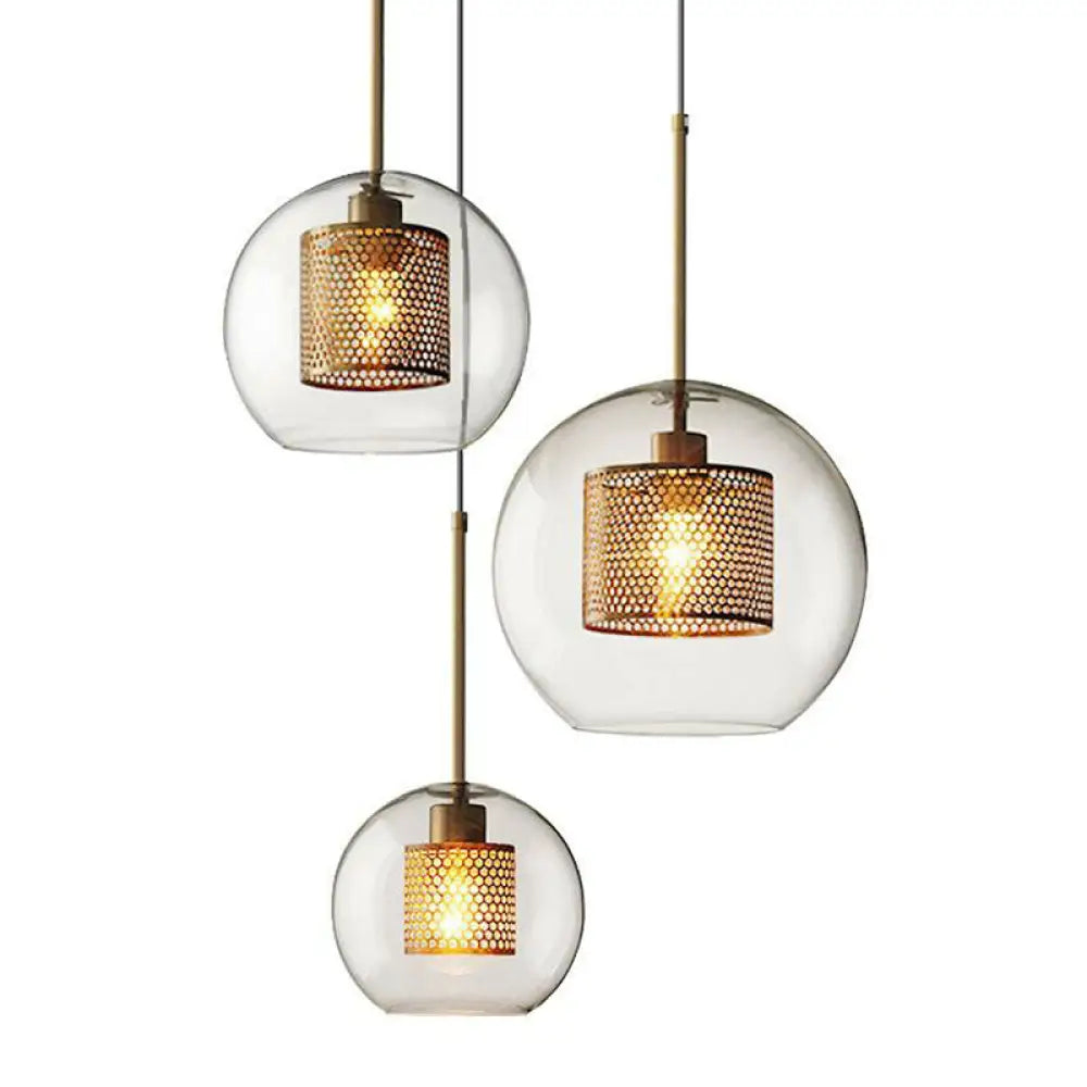 Modern Clear Glass Pendant Light With Brass Finish - Geometric Design & Mesh Inside / 8’ Globe