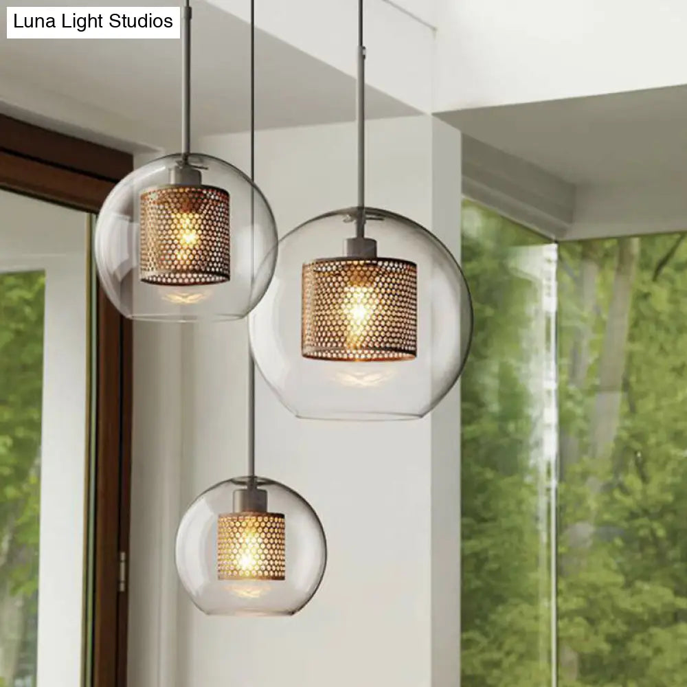 Postmodern Geometric Glass Ceiling Pendant With Brass Finish: Clear Mesh-Inside Hanging Light