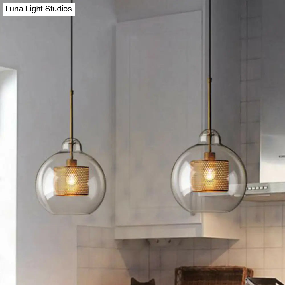 Postmodern Geometric Glass Ceiling Pendant With Brass Finish: Clear Mesh-Inside Hanging Light / 10
