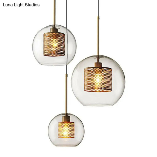 Postmodern Geometric Glass Ceiling Pendant With Brass Finish: Clear Mesh-Inside Hanging Light / 8