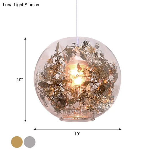 Modern Globe Glass Pendulum Light With Flower Decor Silver/Gold Ceiling Lamp
