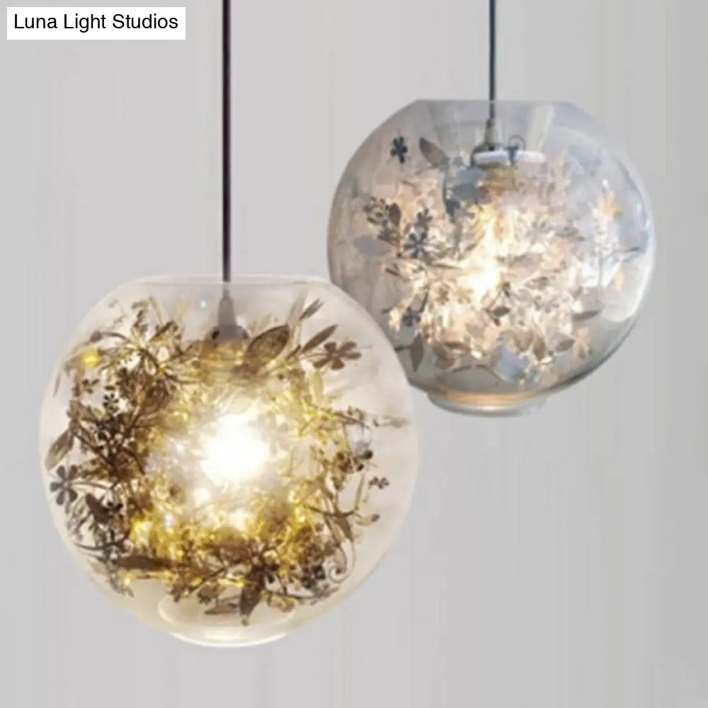 Modern Globe Glass Pendulum Light With Flower Decor Silver/Gold Ceiling Lamp Gold / B