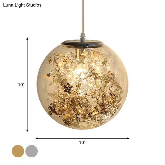 Modern Globe Glass Pendulum Light With Flower Decor Silver/Gold Ceiling Lamp