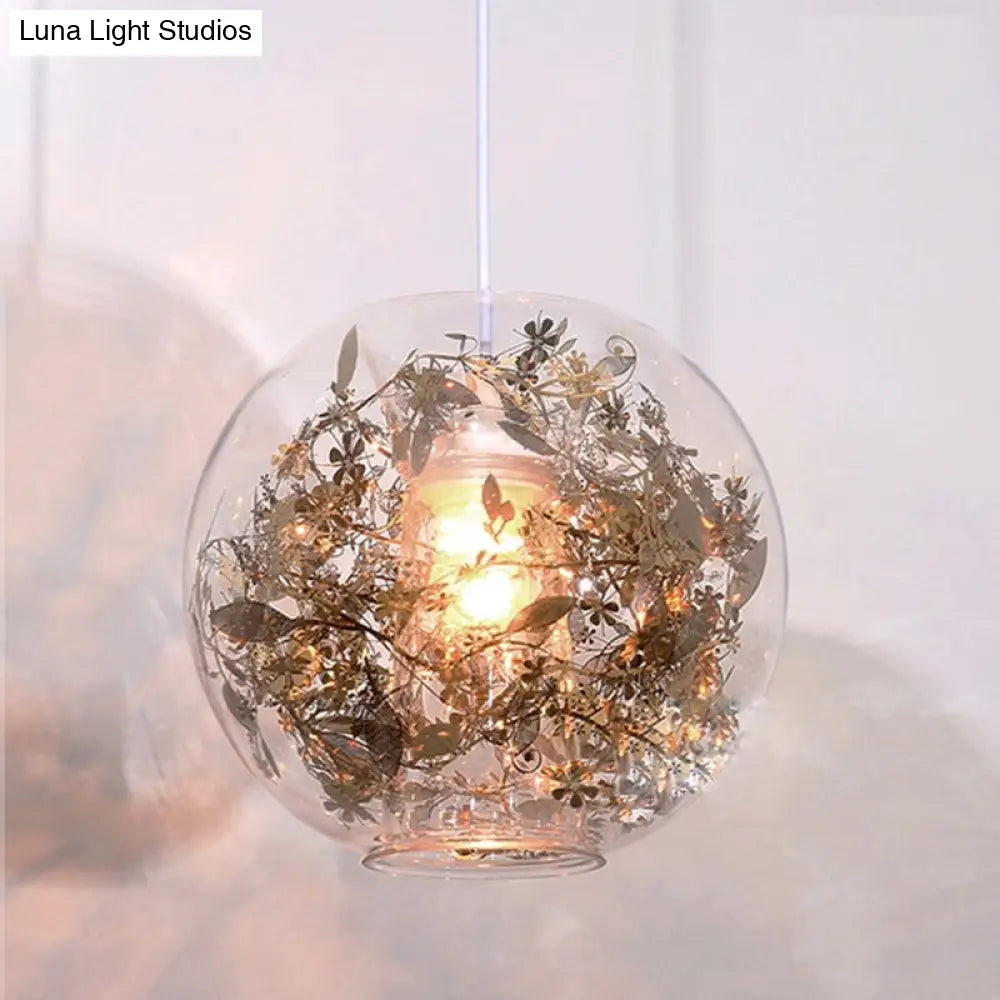 Modern Clear Glass Pendulum Light With Scattered Flower Decor - 1 Head Silver/Gold Ceiling Hang Lamp