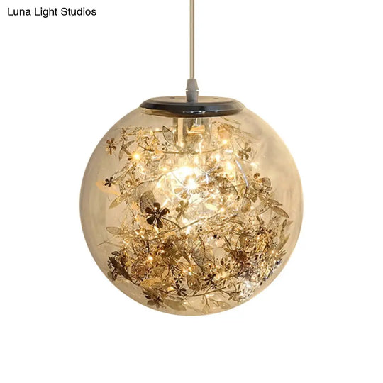 Modern Globe Glass Pendulum Light With Flower Decor Silver/Gold Ceiling Lamp