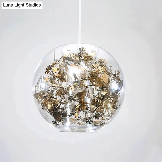 Modern Globe Glass Pendulum Light With Flower Decor Silver/Gold Ceiling Lamp