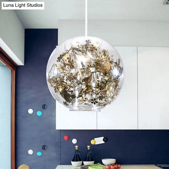 Modern Globe Glass Pendulum Light With Flower Decor Silver/Gold Ceiling Lamp Gold / A