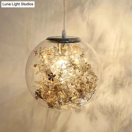 Modern Globe Glass Pendulum Light With Flower Decor Silver/Gold Ceiling Lamp