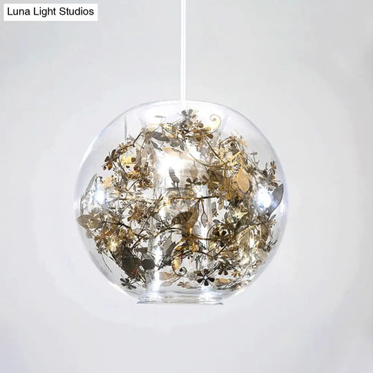 Modern Clear Glass Pendulum Light With Scattered Flower Decor - 1 Head Silver/Gold Ceiling Hang Lamp