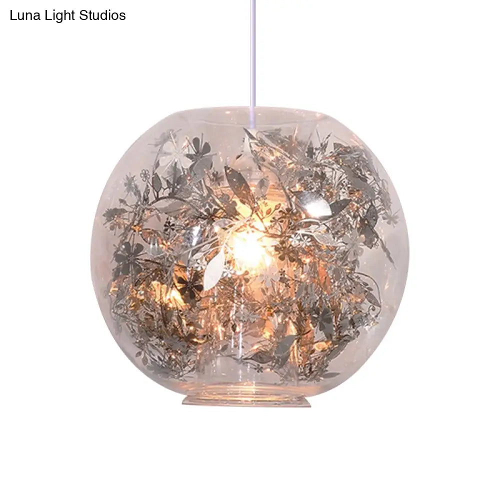 Modern Globe Glass Pendulum Light With Flower Decor Silver/Gold Ceiling Lamp Silver / A