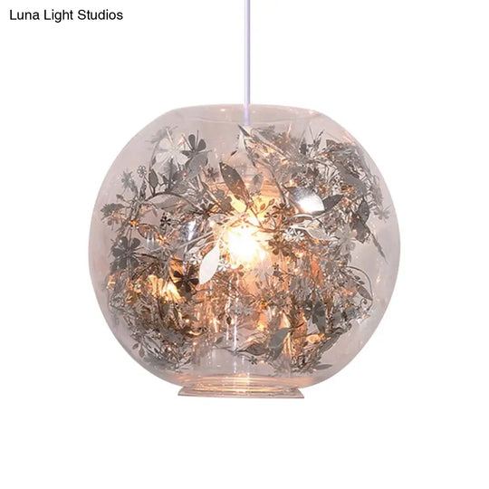 Modern Globe Glass Pendulum Light With Flower Decor Silver/Gold Ceiling Lamp Silver / A