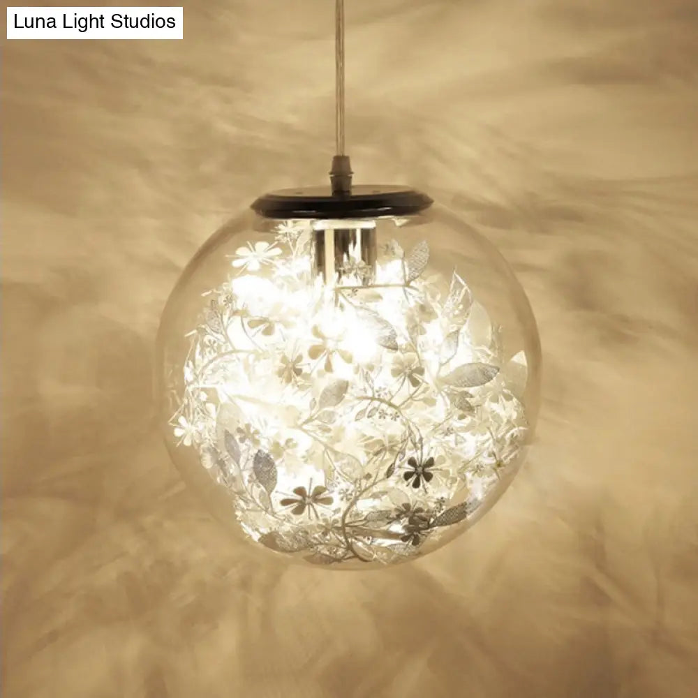 Modern Globe Glass Pendulum Light With Flower Decor Silver/Gold Ceiling Lamp Silver / B