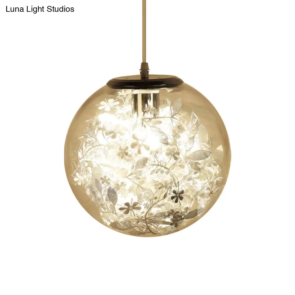 Modern Globe Glass Pendulum Light With Flower Decor Silver/Gold Ceiling Lamp