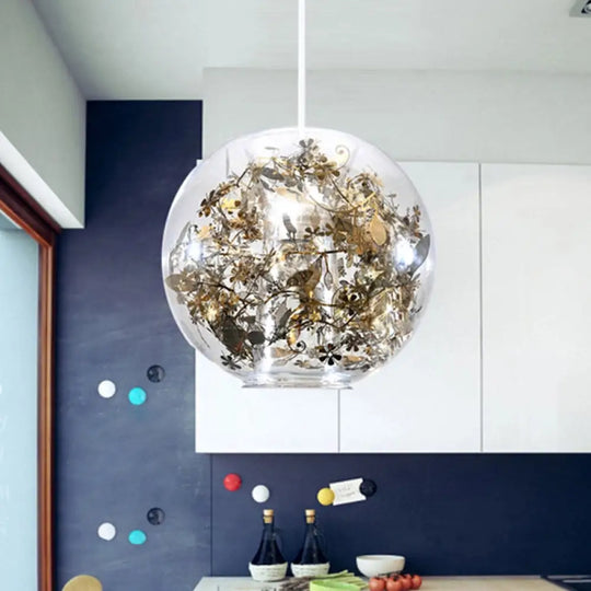 Modern Clear Glass Pendulum Light With Scattered Flower Decor - 1 Head Silver/Gold Ceiling Hang