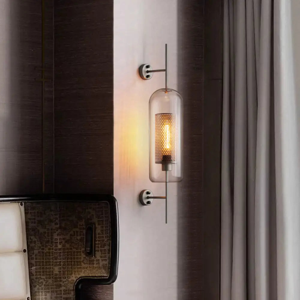 Modern Clear Glass Pill Capsule Wall Sconce With Mesh Screen - 1-Bulb Bathroom Lighting Fixture