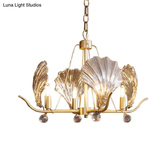 Clear Glass Shell Chandelier With 4 Bulbs And Crystal Ball In Brass Suspension