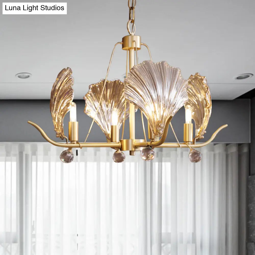 Clear Glass Shell Chandelier With 4 Bulbs And Crystal Ball In Brass Suspension