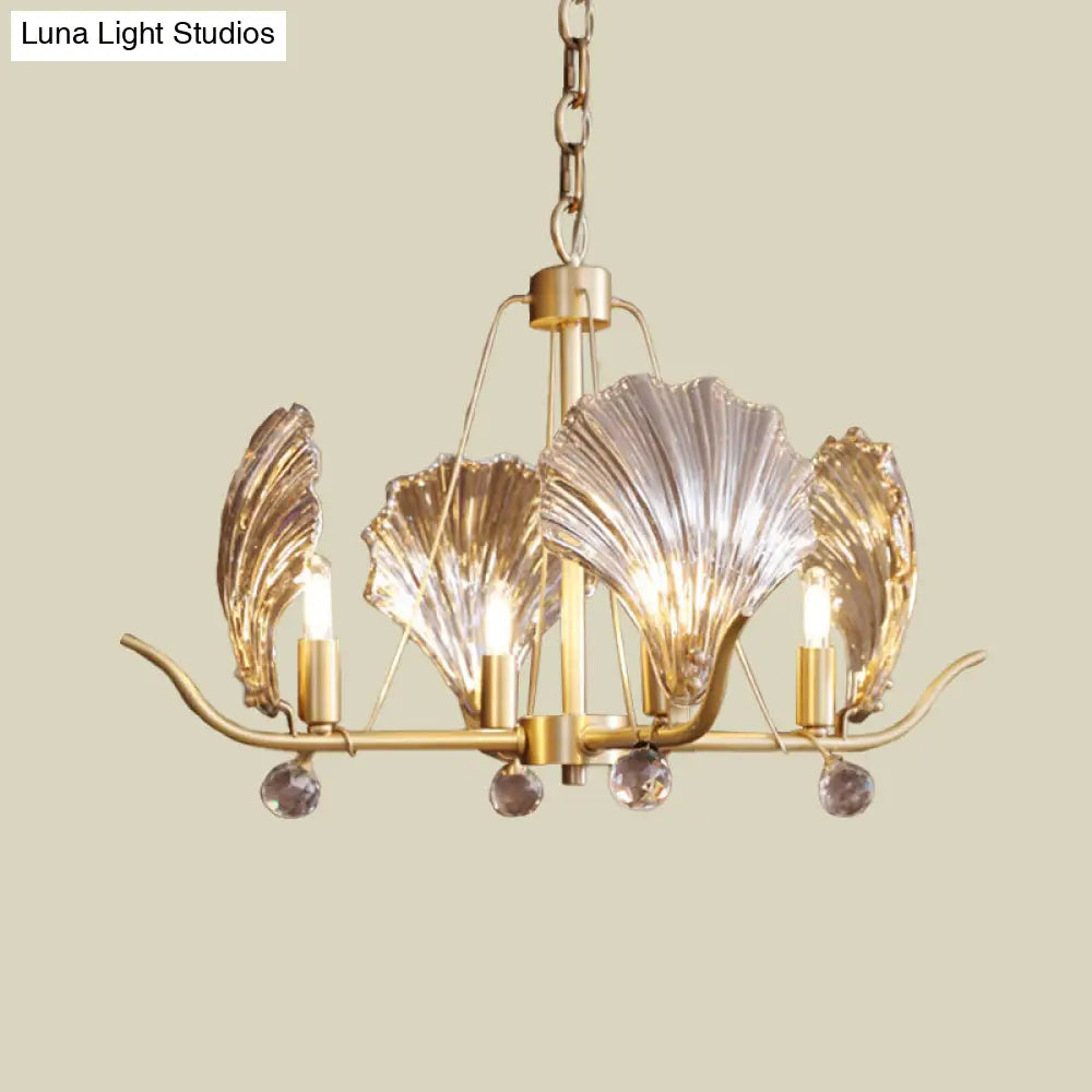 Clear Glass Shell Chandelier With 4 Bulbs And Crystal Ball In Brass Suspension