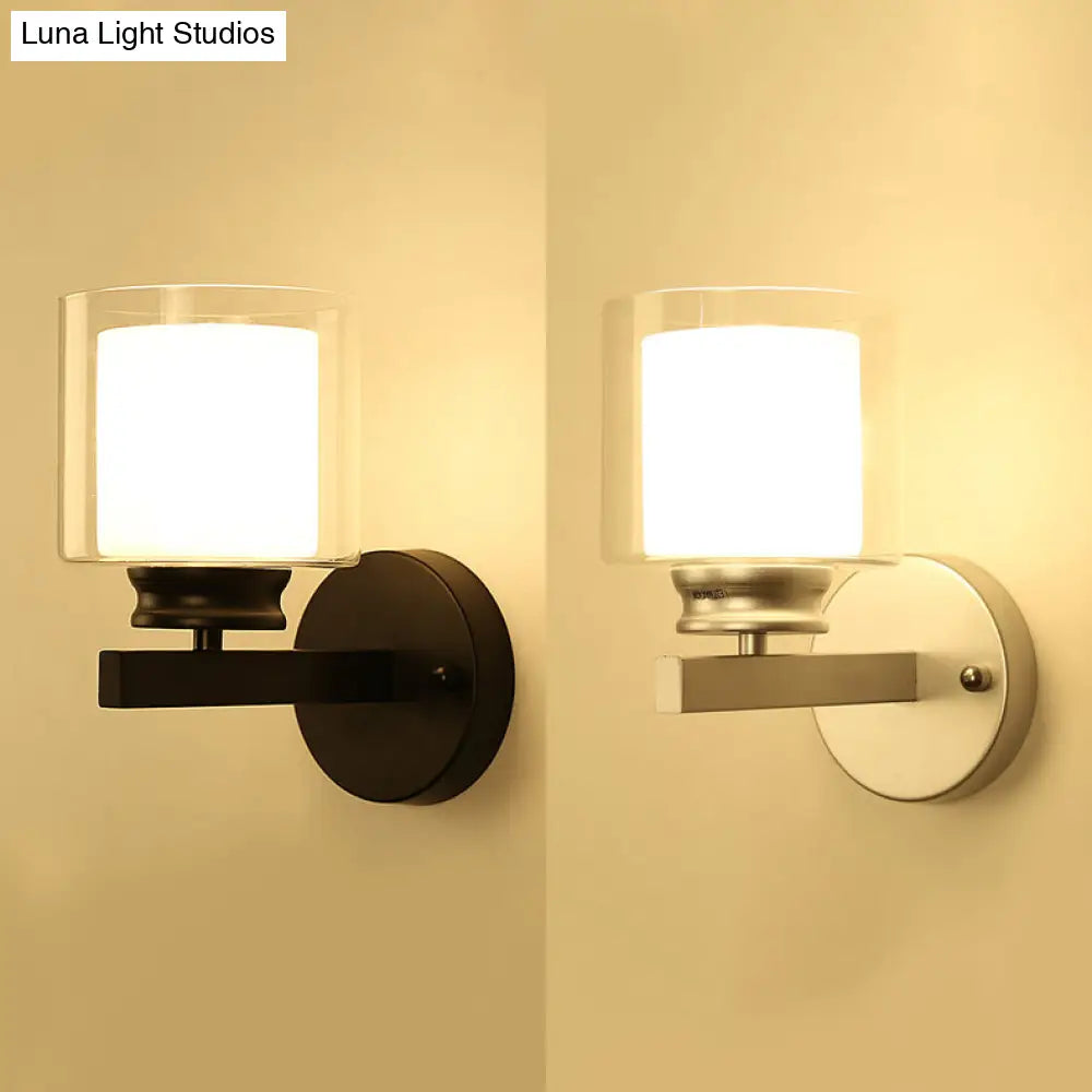 Modern Clear Glass Sconce Lighting - 1 Light Wall Mounted Fixture In Black/Chrome