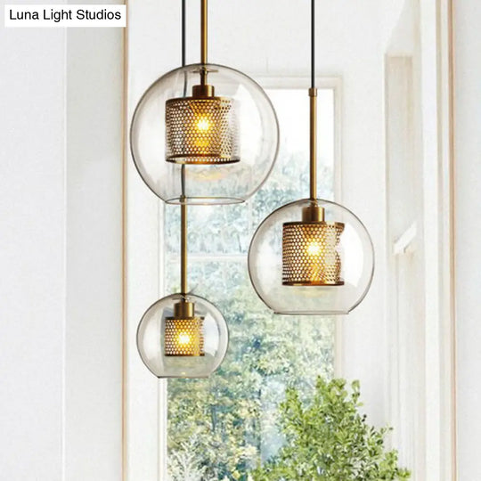 Modern Clear Glass Sphere Pendant Light With Mesh Screen - 1 Bulb Suspension Lamp